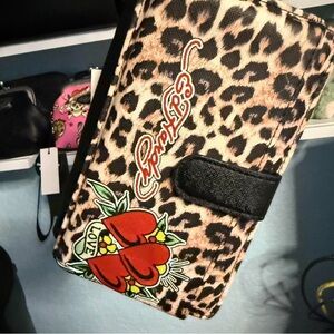 Ed Hardy Leopard Print Wallet with Red Heart Design